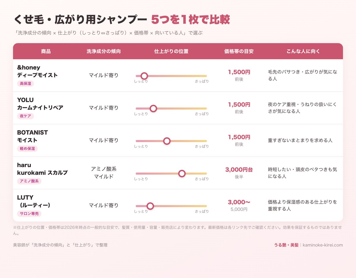 くせ毛・広がり用シャンプー5つの比較表（洗浄成分・仕上がり・価格帯・向く人）